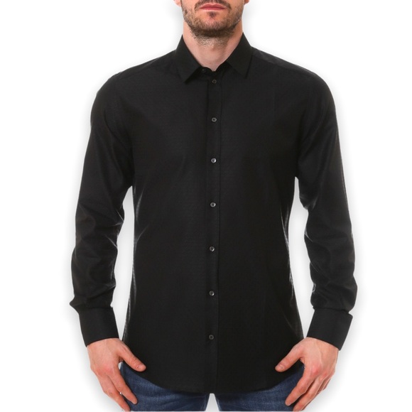 Mens Black Business Casual Silver Diamond Kris Kross Pattern Dress Shirt Large - Picture 1 of 16